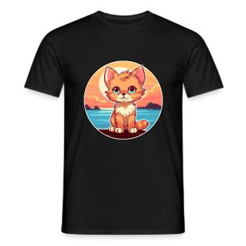 Kitten Funny Cartoon Kawaii Beach Illustration - Men's T-Shirt - black - Front - AI Model Male 178 light (178cm)