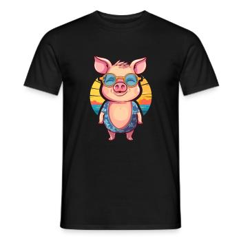 Pig Funny Cartoon Kawaii Beach Illustration - Men's T-Shirt - black - Front - AI Model Male 178 light (178cm)