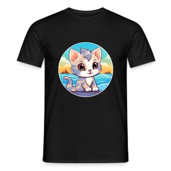 Chaton aquarelle dessin animé Kawaii Clipart Animal - T-shirt homme - noir - Devant - AI Model Male 178 light (178cm)