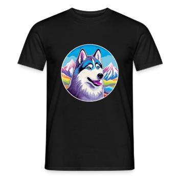 Husky chien race dessin animé Kawaii aquarelle - T-shirt homme - noir - Devant - AI Model Male 178 light (178cm)