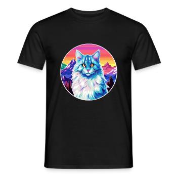 German Longhair Cat Colorful Cartoon Watercolor Il - Men's T-Shirt - black - Front - AI Model Male 178 light (178cm)