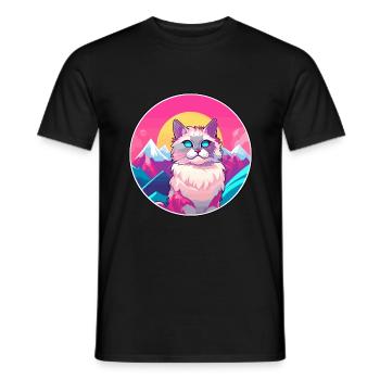 Coréen Bobtail chat coloré dessin animé aquarelle malade - T-shirt homme - noir - Devant - AI Model Male 178 light (178cm)