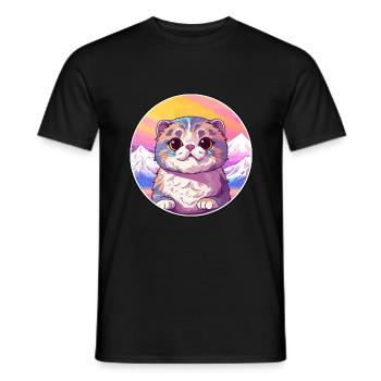 Scottish Fold chat coloré dessin animé aquarelle Illu - T-shirt homme - noir - Devant - AI Model Male 178 light (178cm)