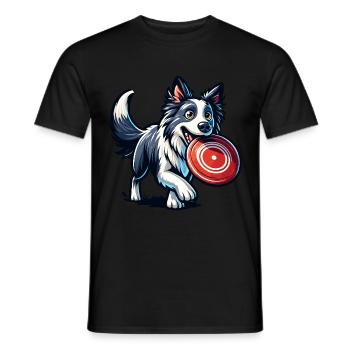 Un border collie joue joyeusement avec un frisbee - T-shirt homme - noir - Devant - AI Model Male 178 light (178cm)