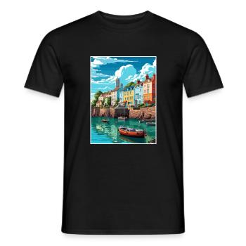 Tenby paysage marin Pays de Galles Vintage voyage affiche WPA Art - T-shirt homme - noir - Devant - AI Model Male 178 light (178cm)