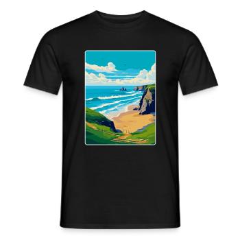 Bedruthan Steps Cornwall England Uk Travel Poster - Men's T-Shirt - black - Front - AI Model Male 178 light (178cm)