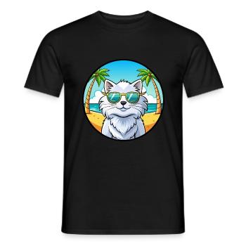 Weiße Langhaarkatze Persische Katzenrasse Cartoon Strand - Männer T-Shirt - Schwarz - Vorne - AI Model Male 178 light (178cm)