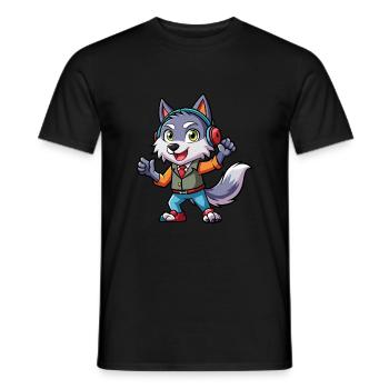 Wolf Funny Cartoon Character Headphone Music - Men's T-Shirt - black - Front - AI Model Male 178 light (178cm)