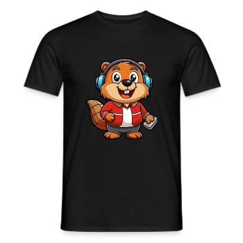 Beaver Funny Cartoon Character Headphone Music - Men's T-Shirt - black - Front - AI Model Male 178 light (178cm)