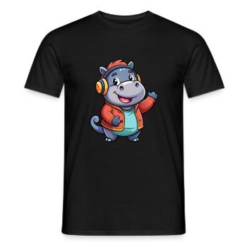 Hippo Funny Cartoon Character Headphone Music - Men's T-Shirt - black - Front - AI Model Male 178 light (178cm)