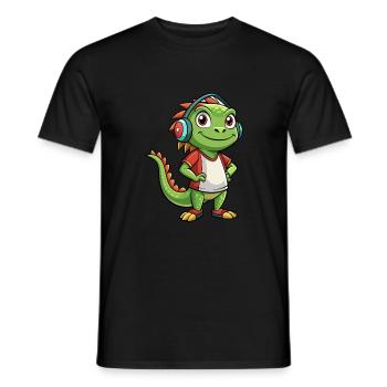 Iguana Funny Cartoon Character Headphone Music - Men's T-Shirt - black - Front - AI Model Male 178 light (178cm)