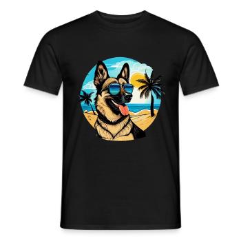 Shepherd dog on the beach with sunglasses - Men's T-Shirt - black - Front - AI Model Male 178 light (178cm)