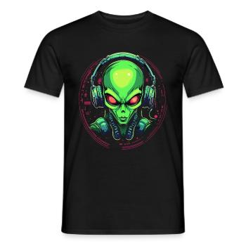 Alien with headphones Extraterrestrial DJ Music - Men's T-Shirt - black - Front - AI Model Male 178 light (178cm)