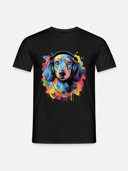 Bunter Dackel mit Kopfhörer - Männer T-Shirt - Schwarz