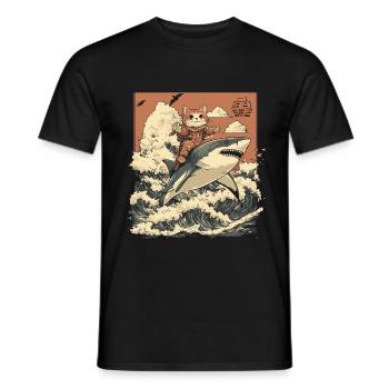 Cat Riding Shark in Japan Cartoon Art Style - Men's T-Shirt - black - Front - AI Model Male 178 light (178cm)