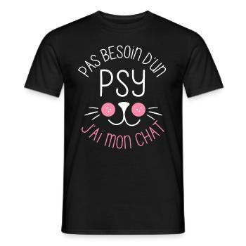 Pas besoin d un psy j ai mon chat chaton doux - T-shirt homme - noir - Devant - AI Model Male 178 light (178cm)