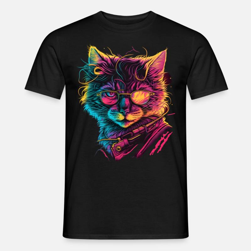 Synthwave Katze 80s Geschenk - Männer T-Shirt - Schwarz