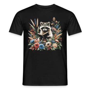 Cottagecore raccoon with book in flowers - Men's T-Shirt - black - Front - AI Model Male 178 light (178cm)