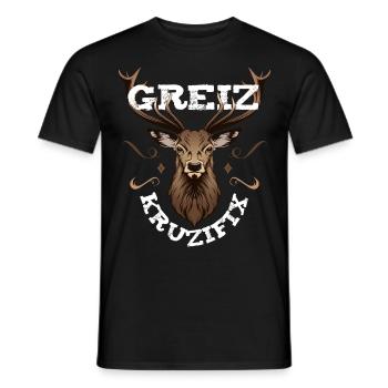Greiz Kruzifix Fluchen bayrischer Dialekt Hirsch - Männer T-Shirt - Schwarz - Vorne - AI Model Male 178 light (178cm)