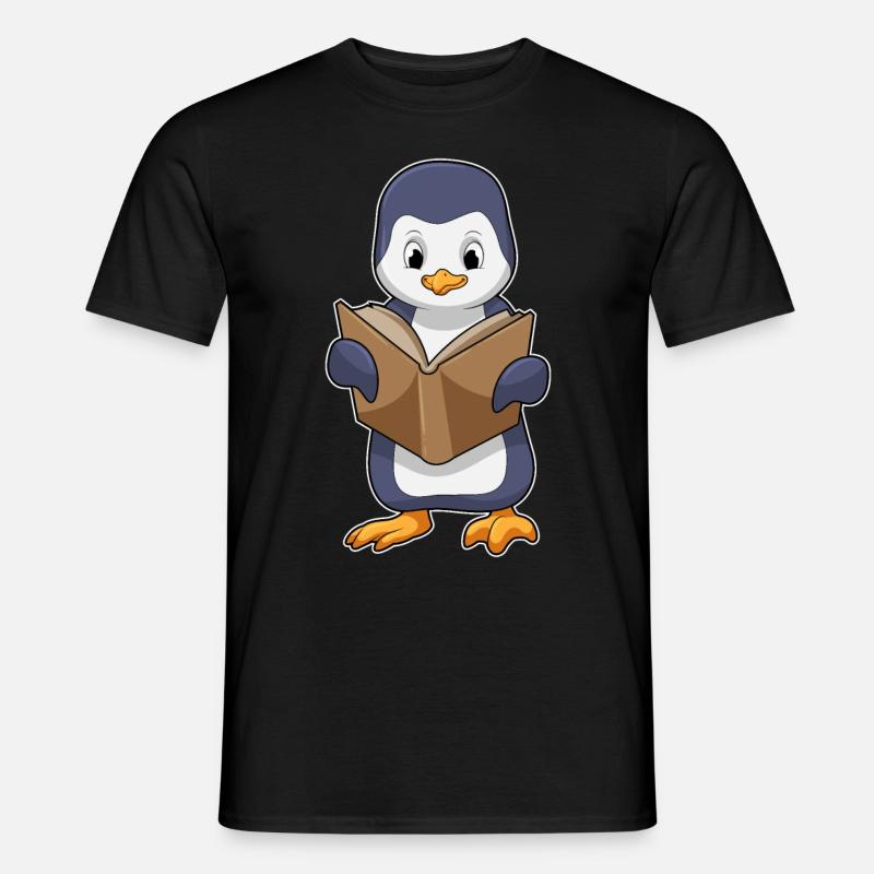 Pinguin als Nerd mit Buch - Männer T-Shirt - Schwarz