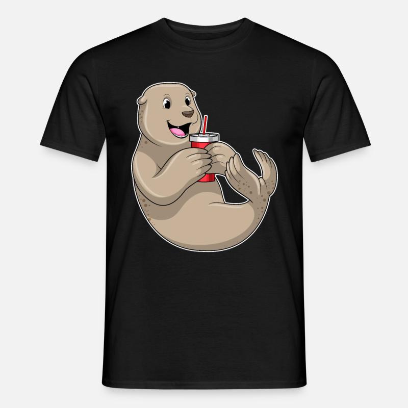Seehund mit Becher mit Strohhalm - Männer T-Shirt - Schwarz