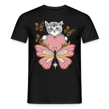Chat avec Cœur-Tournesol-Amour-Chat-Papillon - T-shirt homme - noir - Devant - AI Model Male 178 light (178cm)