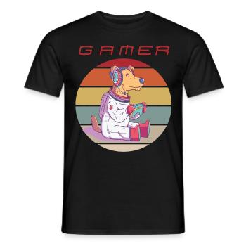 Funny Dog Astronaut Video Games Retro Console Game - Men's T-Shirt - black - Front - AI Model Male 178 light (178cm)
