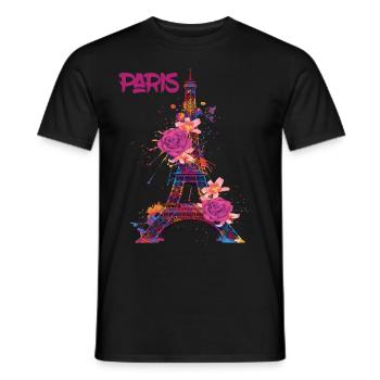 Paris-Roses-Tour Eiffel-Souvenir-France-Français - T-shirt homme - noir - Devant - AI Model Male 178 light (178cm)