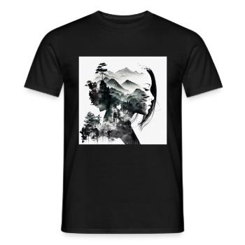 Doppelbelichtung Asiatische Frau und Waldlandschaft - Männer T-Shirt - Schwarz - Vorne - AI Model Male 178 light (178cm)