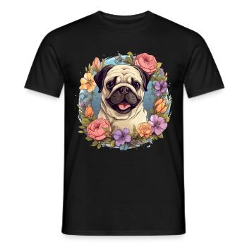 Pug Dog Breed Pet with flowers - graphic - Men's T-Shirt - black - Front - AI Model Male 178 light (178cm)