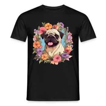 Pug Dog Breed Pet with flowers - graphic - Men's T-Shirt - black - Front - AI Model Male 178 light (178cm)