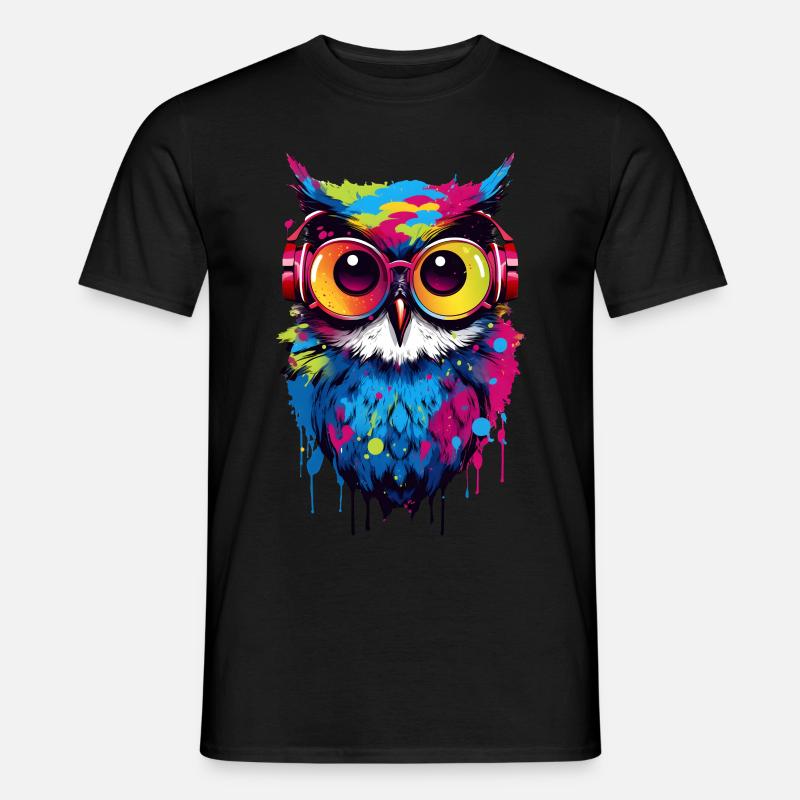 Bunte Eule mit Kopfhörer - Männer T-Shirt - Schwarz