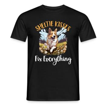 Shetland Sheepdog - Sheltie kisses Fix everything - Männer T-Shirt - Schwarz - Vorne - AI Model Male 178 light (178cm)