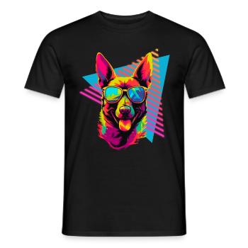 Malinois belge avec des lunettes de soleil style années 80 - T-shirt homme - noir - Devant - AI Model Male 178 light (178cm)