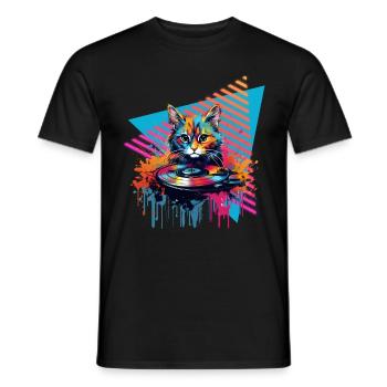 Katze Vinyl Schallplatte 80er Jahre Stil - Männer T-Shirt - Schwarz - Vorne - AI Model Male 178 light (178cm)