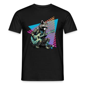 Raccoon with guitar 80s style - Men's T-Shirt - black - Front - AI Model Male 178 light (178cm)