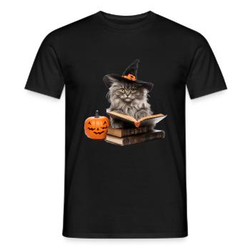Cat reading a Book Pet Halloween Pumpkins - Männer T-Shirt - Schwarz - Vorne - AI Model Male 178 light (178cm)