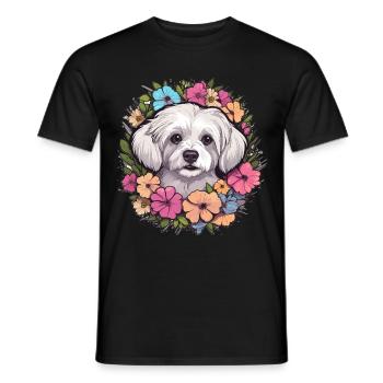 Chien maltais de race animal mignon graphique avec des fleurs - T-shirt homme - noir - Devant - AI Model Male 178 light (178cm)