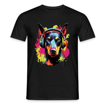 Colorful Doberman with headphones - Men's T-Shirt - black - Front - AI Model Male 178 light (178cm)