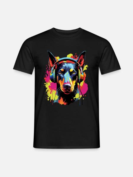 Bunter Dobermann mit Kopfhörer - Männer T-Shirt - Schwarz