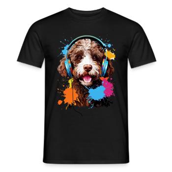 Lagotto Romagnolo with headphones - Men's T-Shirt - black - Front - AI Model Male 178 light (178cm)