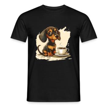 Cute Dachshund Doxie with a Cup of Coffee Wiener - Men's T-Shirt - black - Front - AI Model Male 178 light (178cm)