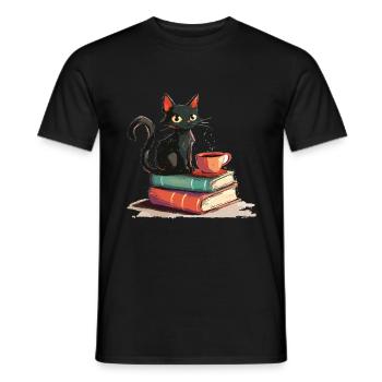 Cats Books Tea Reading - Cute Funny Graphic - Männer T-Shirt - Schwarz - Vorne - AI Model Male 178 light (178cm)