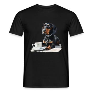 Cute Dachshund Doxie with a Cup of Coffee Wiener - Men's T-Shirt - black - Front - AI Model Male 178 light (178cm)