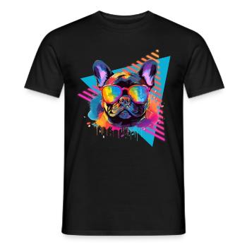 Bunte Französische Bulldogge Sonnenbrille 80er - Männer T-Shirt - Schwarz - Vorne - AI Model Male 178 light (178cm)