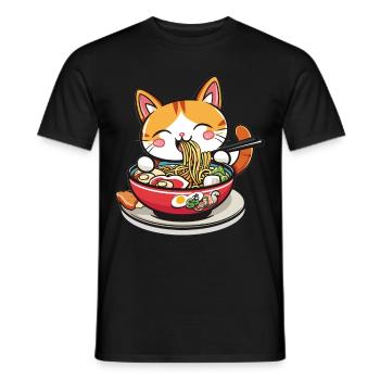 Funny Cat eating Ramen Noodle Soup Anime Kawaii - Men's T-Shirt - black - Front - AI Model Male 178 light (178cm)