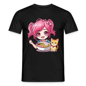 Ramen Cat Lover Cute Anime Girl Eating Ramen Otaku - Männer T-Shirt - Schwarz - Vorne - AI Model Male 178 light (178cm)