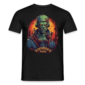 ZOMBIE DJ LISTINING TO MUSIC, HALLOWEEN HORROR - Men's T-Shirt - black - Front - AI Model Male 178 light (178cm)