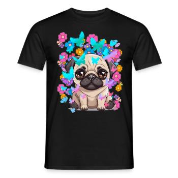 Hund Hunde Mops Frühling Blumen Schmetterlinge - Männer T-Shirt - Schwarz - Vorne - AI Model Male 178 light (178cm)
