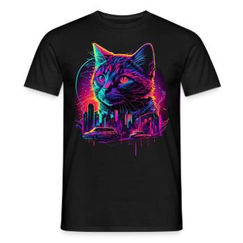 Synthwave Cat Sunset 80s Cadeau - T-shirt homme - noir - Devant - AI Model Male 178 light (178cm)